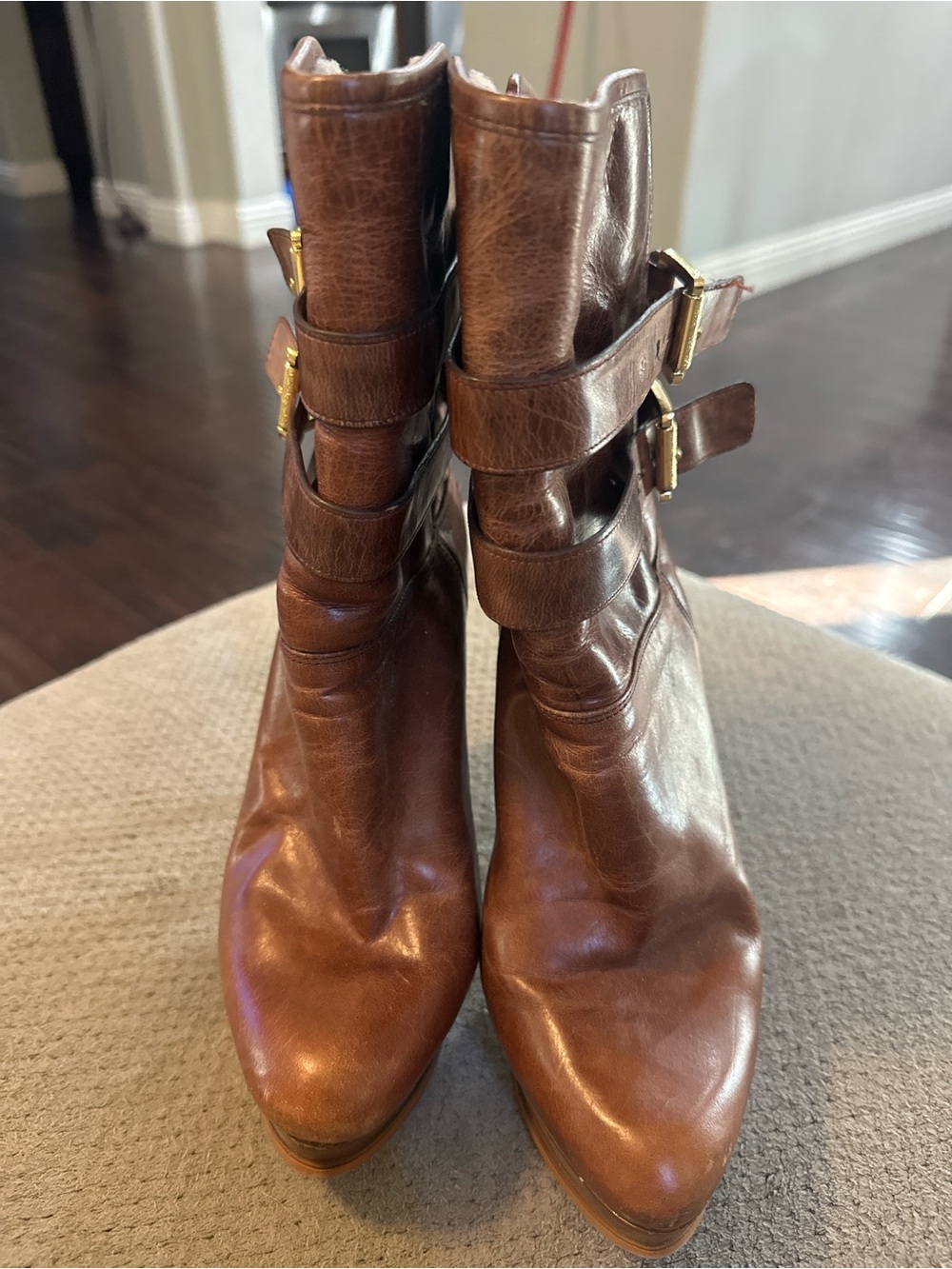 Michael Kors Brown Leather Heeled Ankle Boots with Buckle Straps